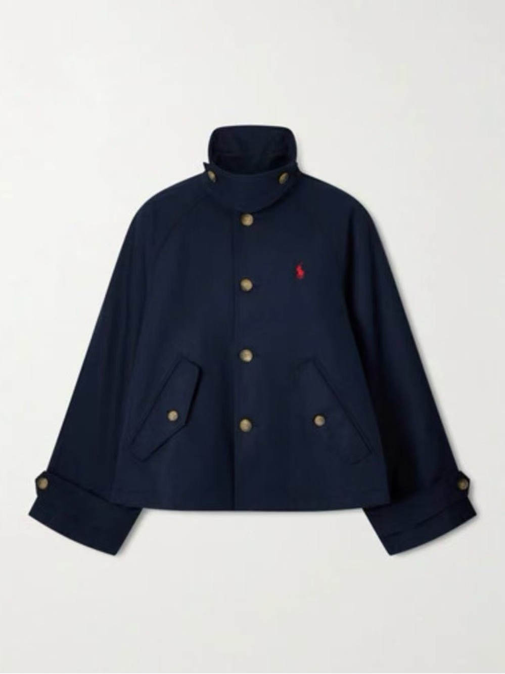 Ralph Lauren Navy Military-Style Cropped Pea Coat with Red Pony